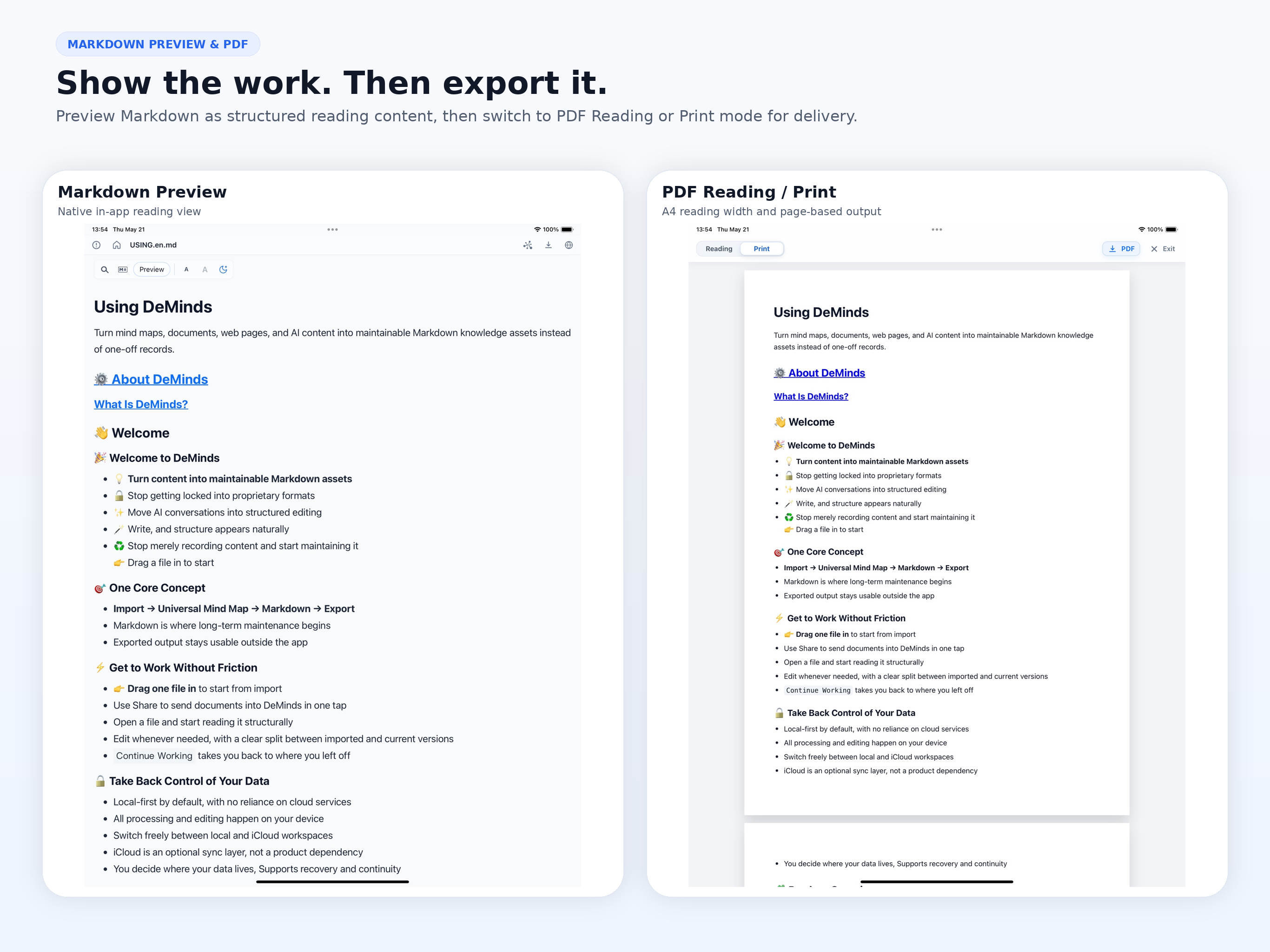 DeMinds showcase image for Markdown Preview and PDF Export.