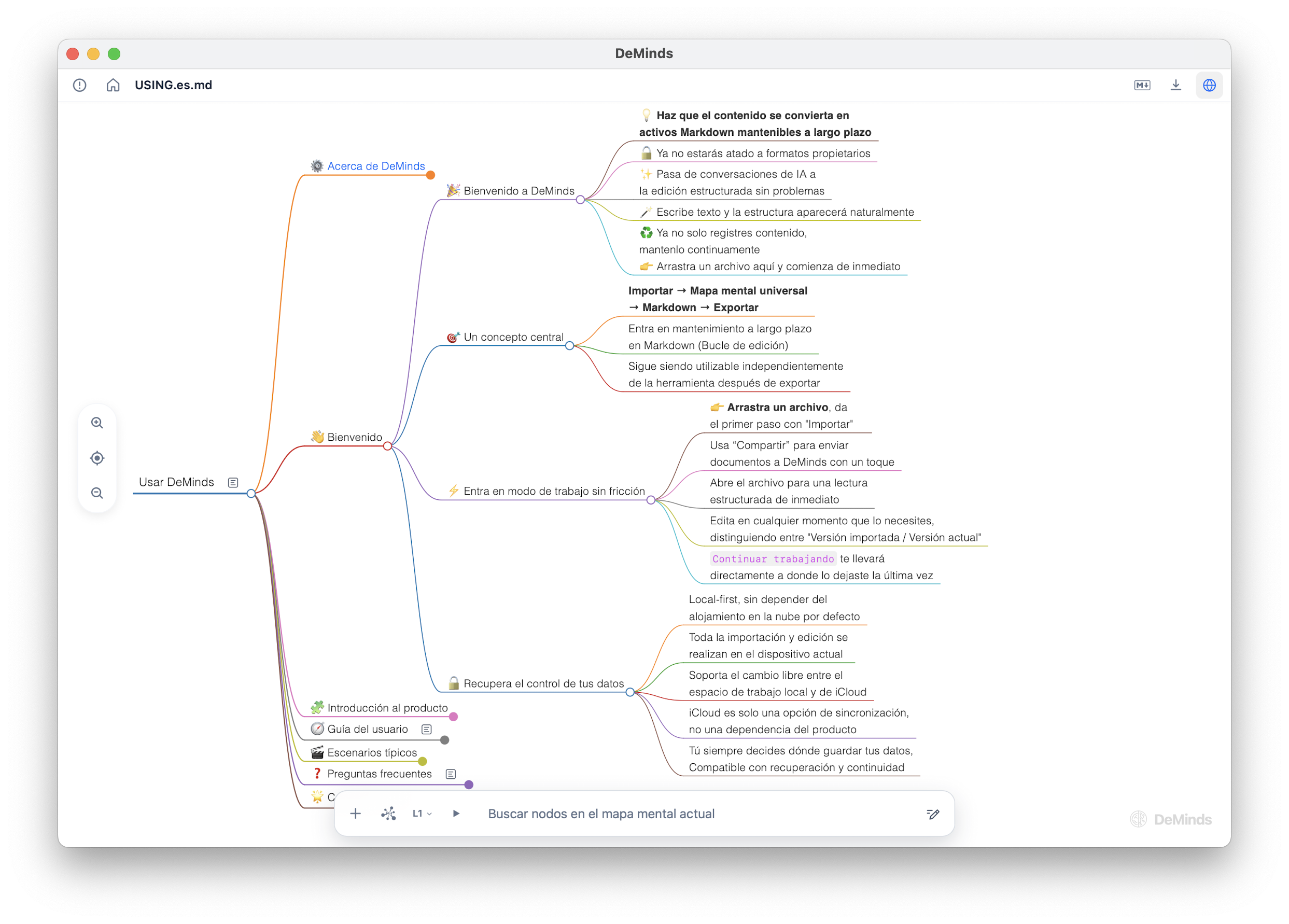 Interfaz de DeMinds que muestra un documento Markdown renderizado como un mapa mental estructurado.