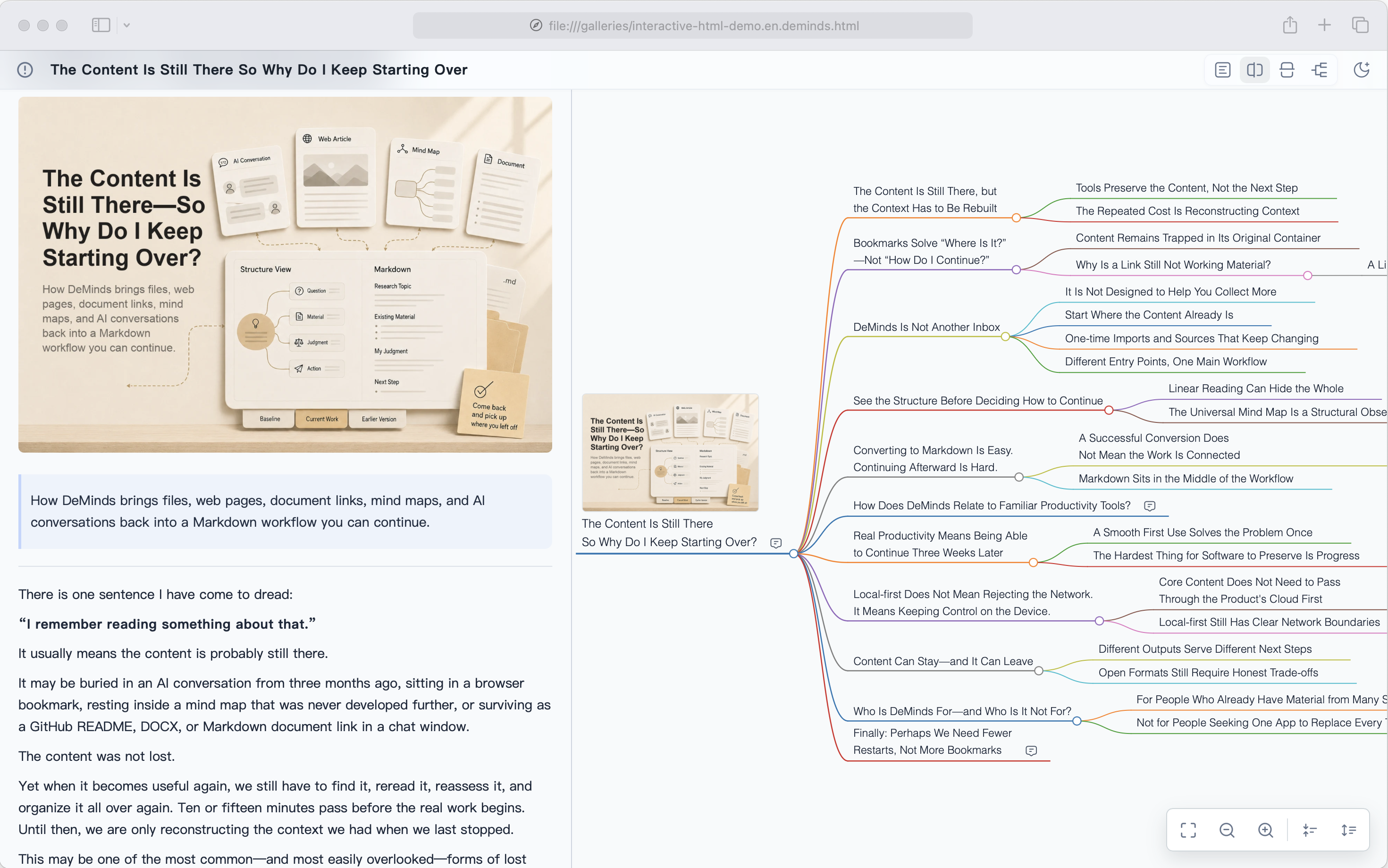 Interactive View in split layout with the document beside its Universal Mind Map