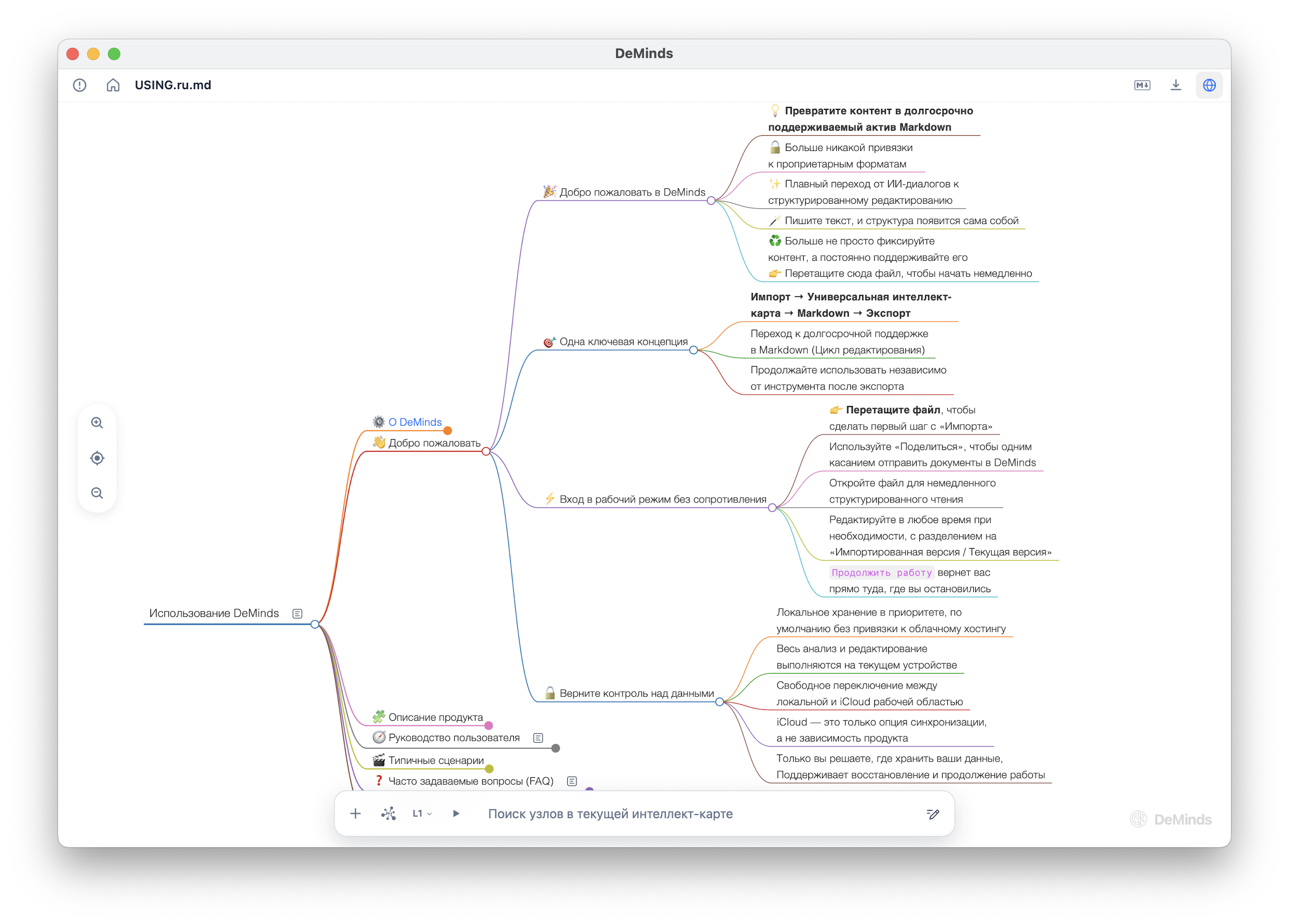 Интерфейс DeMinds, показывающий Markdown-документ в виде структурированной интеллект-карты.