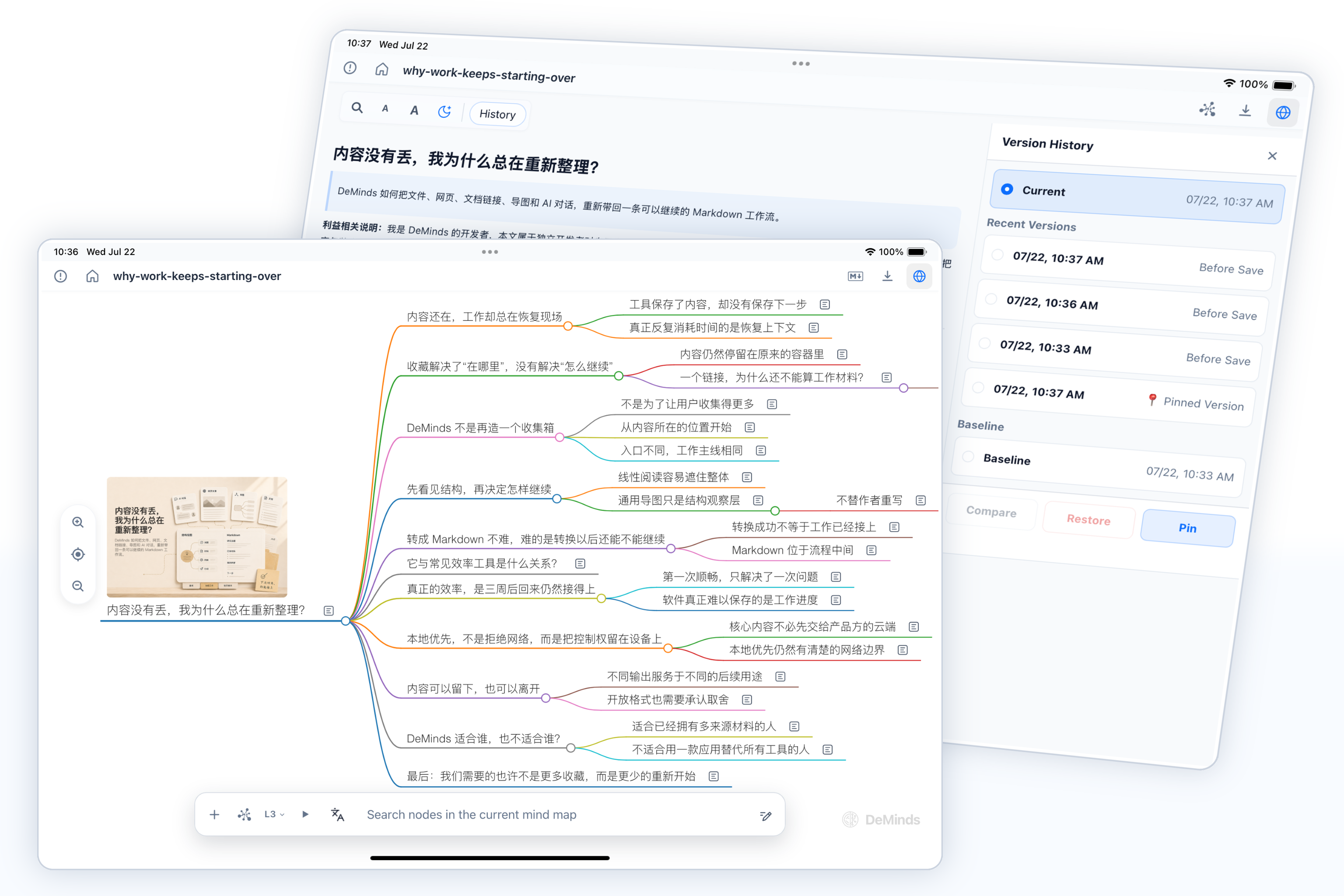 展示 Markdown 预览与 PDF 导出的 DeMinds 形象图。