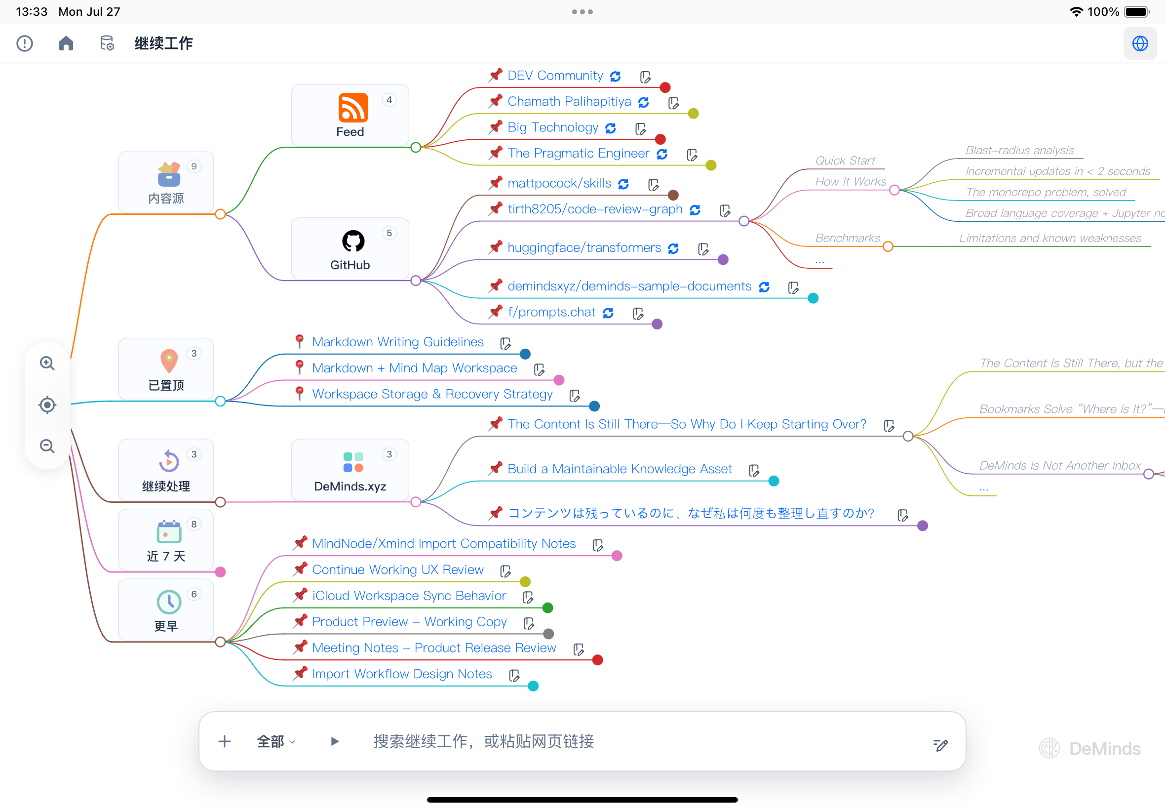 DeMinds 「继续工作」界面预览，展示固定项目、当前工作、今日项目与最近 7 天内容。